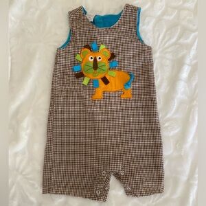 Gingham Shortall with Colorful Lion Applique